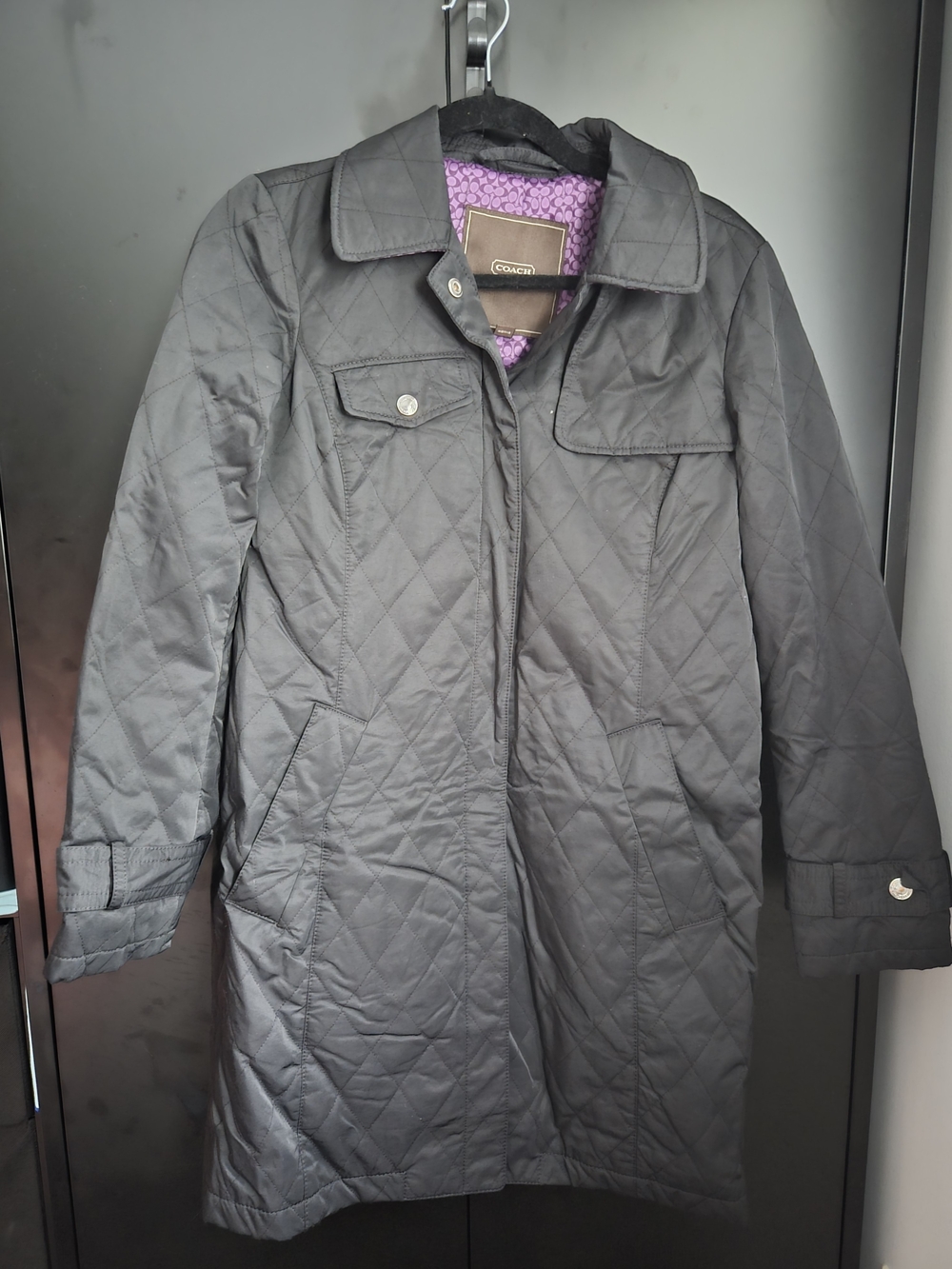 Coach Quilted Long Gray Jacket with Purple Lining